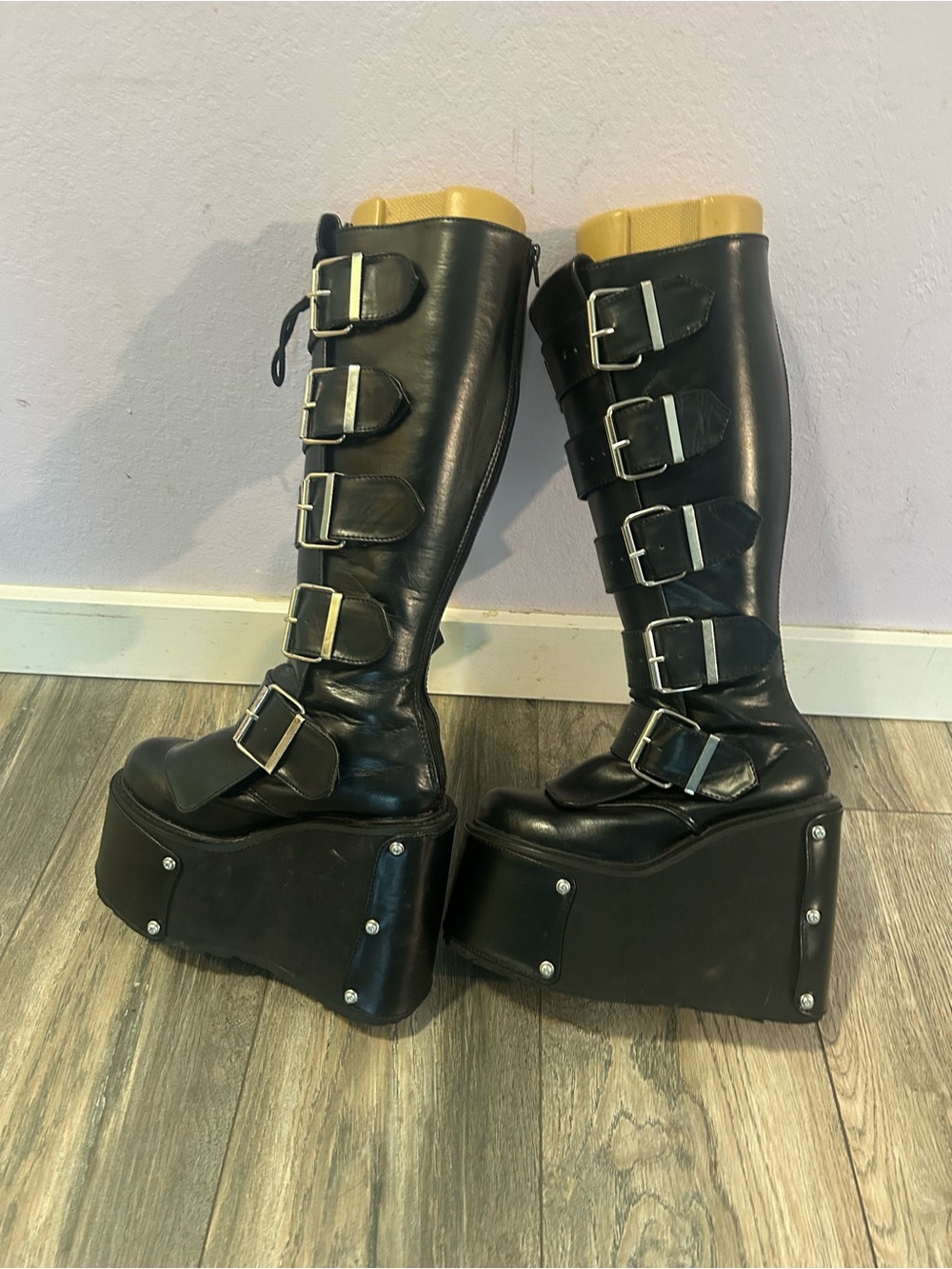 Demonia Transformer-800 Platform Boots Knee High Goth Wedge Lace/Buckle Size 8